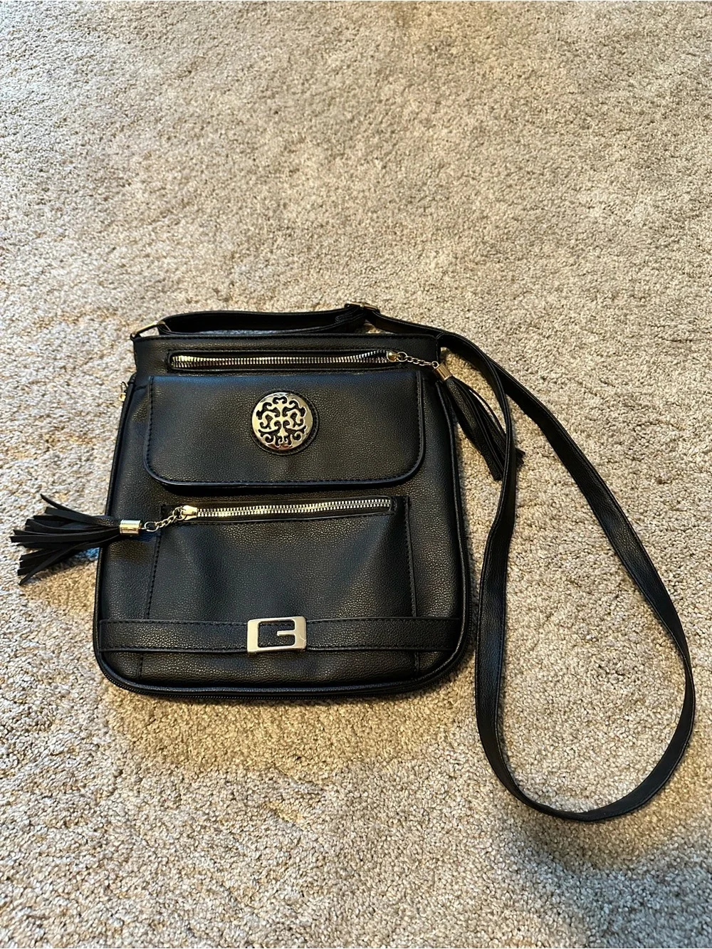 Large Black Crossbody Bag with Tassels Stylish Everyday Shoulder Bag 10.5” X 10”